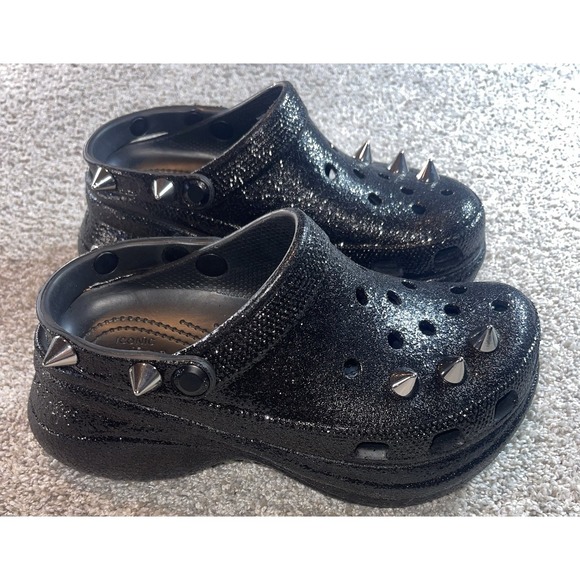 CROCS Classic BAE Glitter Stud Platform Shoes Women 8 Black Goth Chunky Rare - Picture 5 of 12